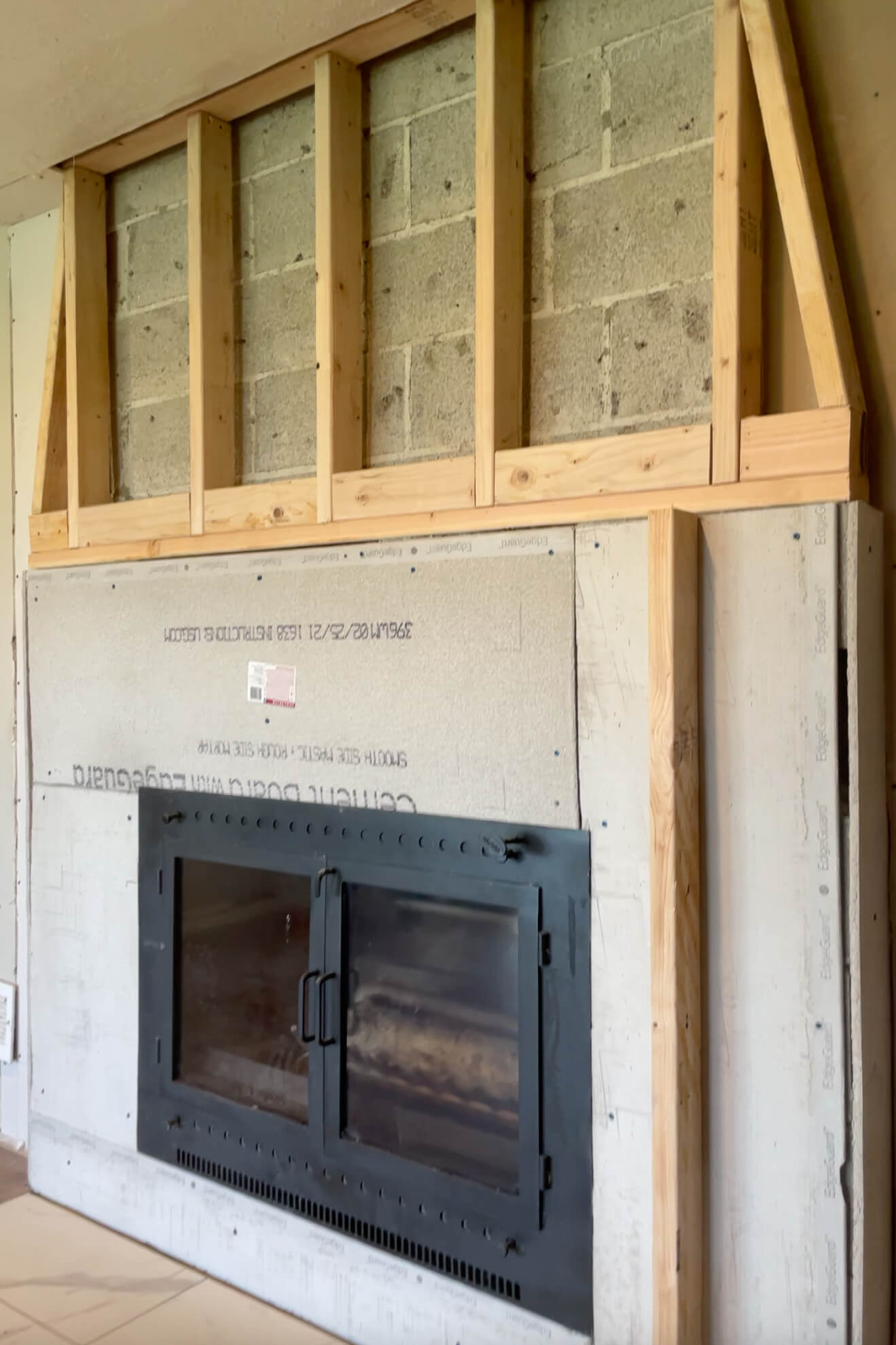 Fireplace is framed and ready for a mantle.